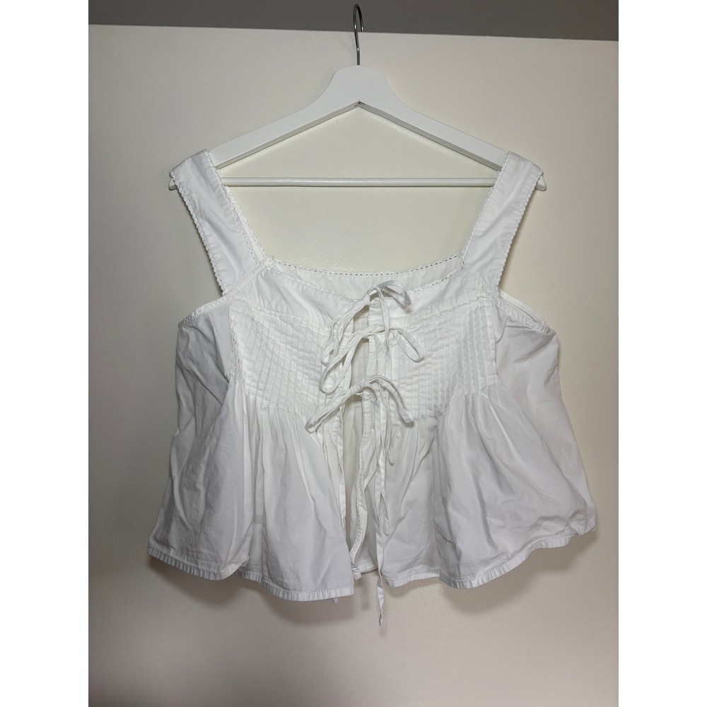 NIA Babydoll Peplum Tank Top Medium White Smocked Open Tie Back Square Neck